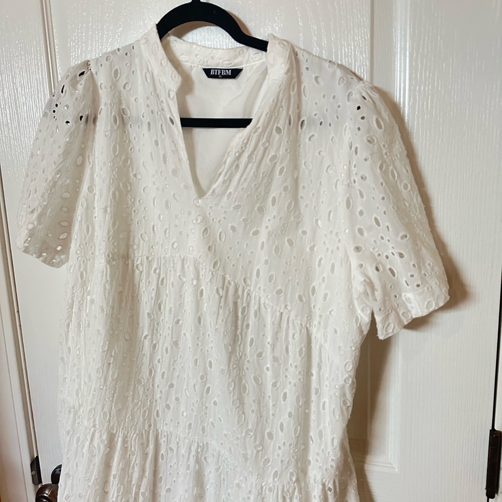 BTFBM size XLarge Boho Dress Resort V Neck Short Sleeve White Cut Out Lace $58 - Picture 8 of 10